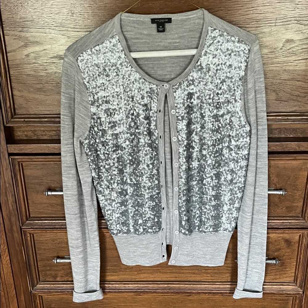 Ann Taylor Silver Sequin Front Gray Cardigan
